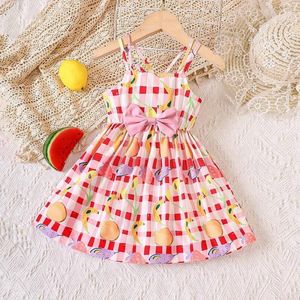 Vestidos de meninas pequenas e médias futas de fruta de fruta de fruta de fruta vestido xadrez moda de moda saia casual 2 anos de 7 anos