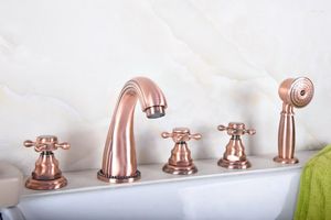 Bathroom Sink Faucets Antique Red Copper Brass Widespread 5 Hole Roman Tub Bath Faucet With Telephone Style Hand Held Shower Head Atf182