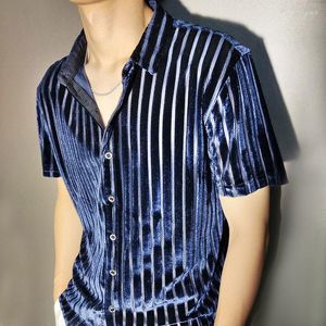 Camisas casuais de alta qualidade camisa de alta qualidade transparente listra azul homens sexy veludo roupas de manga curta, veja através do clube social