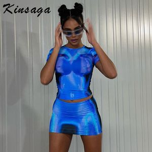 Two Piece Dress Sexy Y2K 3D Body Print Skirts Set Women Short Sleeve Crop Top Blue Co Ord Matching Streetwear Pink Bodycon Baddie Outfits 230518