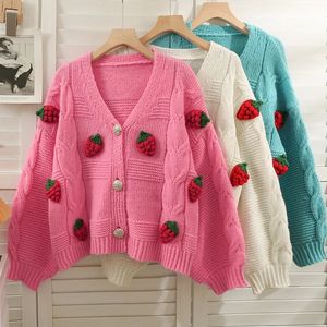 Damen-Strick-T-Shirts, koreanische Mode, rosa Erdbeerpullover für Frauen, Herbst-Winter, langärmelig, gestrickt, Damen-Strickjacke, einreihige Jacken, 230518