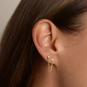 Hoop Huggie Aide 925 Sterling Silver Four Zircons Flower Stud Earrings For Women Double Studs Chain Tassel Piercing Earring 18K Gold Plated 230517