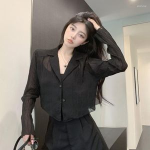 Kadınlar bluzlar Deeptown Siyah Şeffaf Gömlek Kadın Örgü Kore Moda Yaz Sokak Giyim Uzun Kollu Seksi Pileli Hardigan Şık
