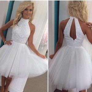 Party Dresses ANGELSBRIDEP White Beaded Crystals Tulle Short Halter Homecoming A-Line Above Knee Length Cocktail Dresse