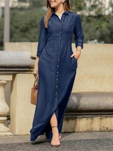 Abiti casual di base Abito da donna in denim Camicia colletto con bottoni Gonna lunga Gonna dritta a maniche lunghe allentata Gonna di jeans casual Temperamento di moda 230518