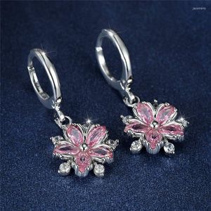 Brincos de argola de luxo feminino branco rosa zircão cristal pequeno flor prata cor casamento para mulheres