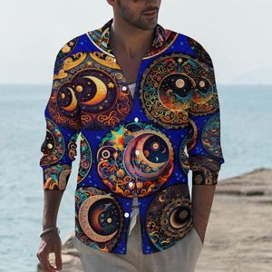 Men's Casual Shirts Moon And Star Celestial Aesthetic Shirt Men Night Sky Print Spring Loose Blouses Long Sleeve Graphic Oversized Tops