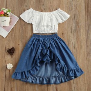 衣類セット2-6歳の子供の女の子の衣類セットフリル刺繍プリントトップとデニムスカートツーピーススーツ