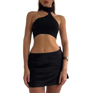 Two Piece Dress Women Tops Skirt Sets Summer Clothes 2023 Sexy Sleeveless Sling Vest Solid Color Crop Tops Wrapped Mini Skirt Club Streetwear P230517