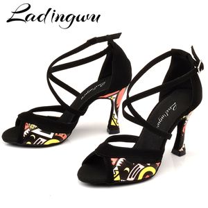 Dance Shoes Ladingwu Latin Dance Shoes For Women Black Flannel and Orange African print Salsa Dance Shoes Women's Ballroom Dance Sandals 230518