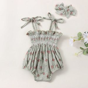 Kläder set baby pannband set blommor tryckt mönster binda upp axel ärmlös elastisk bröstkläder båge hårband