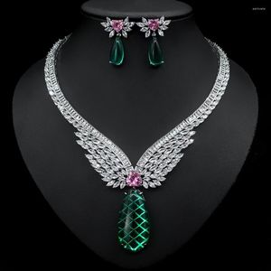 Necklace Earrings Set Fashion Green Cubic Zirconia Big Pendientes Sets Dubai Wedding Bridal White Gold Color N-1230