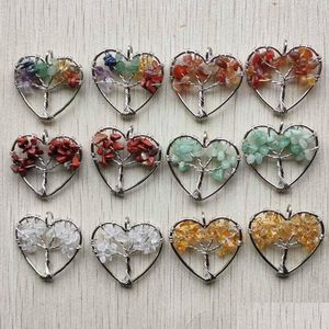 Charms Natural Chip Stone Tree Of Life Crystal Agate Beads Heart Pendant Handmade Wire Color Wrapped 30Mm For Jewelry Markin Dhgarden Dhi5A