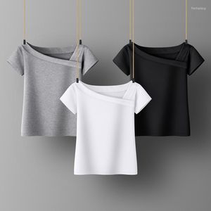 Kvinnors T-skjortor Kvinnor Sweetshirts Kort ärm Kvinnkläder Black White T-shirts For Girls Skew Collar Summer Clothes Design Woman