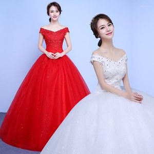 Hochzeitskleid XXN-049 # Ballkleid, schulterfrei, weiß, rot, Pailletten, Braut-Schnürkleider, Großhandel, passend für schwangere Frauen