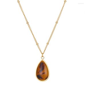 Pendant Necklaces RHYSONG Vintage Amber Leopard Print Water Droplets Stone Necklace Women Beads Chain Stainless Steel Plated Gold Jewelry