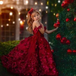Темно -красная спагетти ремешок 3D цветочные девочки одеваются жемчужина детская вечеринка платье корсета, детская фотография платье