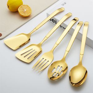 Dinnerware Sets 5pcs Golden Home Serving Stainless Steel Cutlery Set Large Spoon Fork Hollow Shovel Salad Stirring Tableware Kitchen Utensils 230518