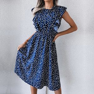 Grundläggande avslappnade klänningar Ficusrong Vintage Butterfly Sleeve Ruffles Heart Dot Print Dress Women Medium Long Chiffon Ladies Spring Summer Dress 230518