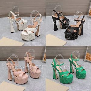 Designer Dress Shoes Platform Heels Cross Strap Sandals Stud Chunky Heels Women Interlocking Embellished Slippers High Heeled Lady Waterproof 15.5cm