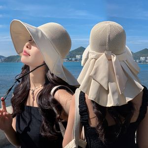 Breda breim hattar hink sommarkvinnor med sjal andas hål stickad strandkapp lyxig stor bowknot damer ansikte nackskydd sol 230517