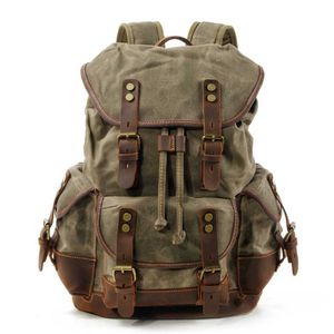 حقيبة ظهر Backpack Vintage Canvas Packpacks for Men Laptop Daypacks Rucksacks مقاومة للماء حزمة تسلق الجبال الجسور كبيرة الشمعية خمر 0508