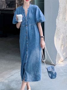 Basic Casual Dresses Summer Hong Kong Style Retro Thin Denim Dress Women's Premium Relaxed Casual Straight Length Long Dress 230518