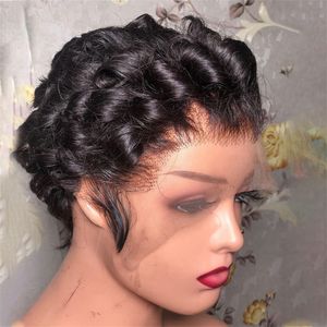 100％ブラジルのレミーヘアルーズディープウェーブレースフロントウィッグ180％密度短いボブ巻き毛ウィッグプリプルックブラック /ブラウン /ブルゴーニュレッドグルーレスワイグ