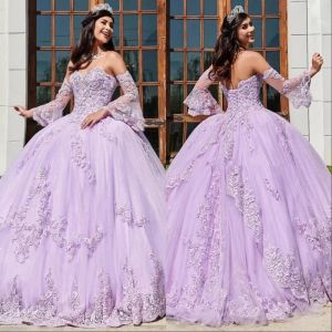 NEU Lavendel-Spitze-Perlen-Ballkleid-Quinceanera-Kleider, herzförmiger Ausschnitt, Tüll-Applikationen-Abschlussballkleider mit Wickel-Schleppe, Sweety 15