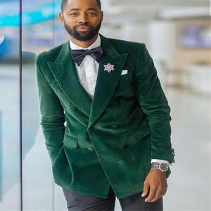 Men's Suits Green Velvet Men Double Breasted Slim Fit 2 Piece Blazer With Black Pants Male Fashion Costume Wedding Groom Tuxedo 2023
