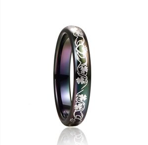 Band Rings Nuncad 4mm Black Four-leaf Clover Inoxidable Tungsten Carbide Ring Engrave Flower Engagement Couple Rings 230518