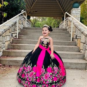 Vestido de baile de bordado Apliques Rhinestones Cristal Children Dress Dress Dress Beauty Pageant Flower Girl Vestido de aniversário mexicano Charro