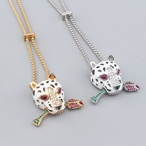 Leopard Rose 925 Silver Diamond Long Gold Gold Gold Pendant 목걸이 체인 링크 실버 실버 스웨터 디자이너 가득한 보석 파티 웨딩 선물 소녀 약혼