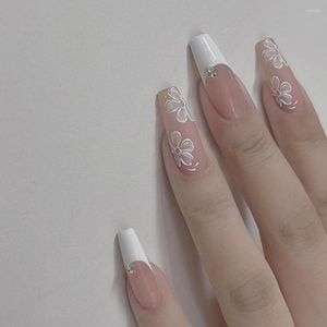 False Nails 24pcs 3D White Petal Fake French Edge Nude Pink Long Coffin Nail Patch For Lady Bride DiY Artificial Tips