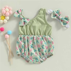 Giyim setleri bebek kızlar yaz atlayıcıları Set sevimli tavşan/kelebek/çiçek baskı kolsuz tulumlar saç bandı yürümeye başlayan çocuk kıyafetleri