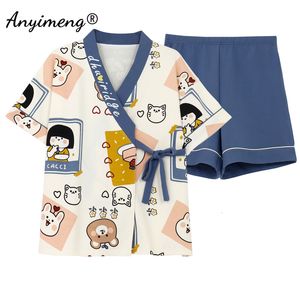 Women's Sleepwear Summer Fashion Soft Cotton Women's Pajamas Kawaii Animal Printing Sleepwear Shorts Kimono Loose Nightwear for Young Girls 230517