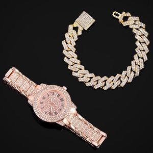 Armbanduhren Voller Strass Frauen Uhren Rose Gold Uhr Damen Handgelenk Iced Out Cuban Link Kette Armband Weibliche Relogio feminino