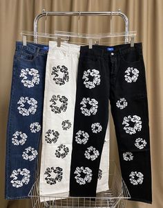 Vintage Kapok Baskı Graffiti High Street Düz Bacak Kot Pantolonlar Denim Gözyaşları Stil Kapok Yıkanmış Düz Kot Pantolon Pantolon Smlxl