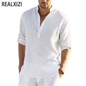 Men's Casual Shirts Men's Casual Shirt V-neck Sweatshirt Cotton Linen Blouse Loose Fashion Shirts Long Sleeve Spring Summer Brand Streetwear Tops 230519