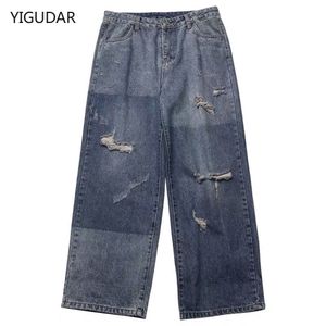 Mens Jeans Blue Ripped Baggy Men Fashion Casual Wide Leg Streetwear Loose Hip Hop Hole Straight Denim Pants Byxor 230519