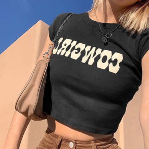 Damtröja ONeck Crop Top Sommarmode COWGIRL-tryck Casual T-shirts Basic Sexiga Streetwear Brun Kortärmad Picknick-inlägg 230519