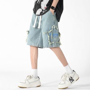 Mens Jeans Summer Wide Leg Loose Hiphop Fashion Youth Streetwear Denim Shorts Star Stitching Embroidery Straight Casual Men 230519