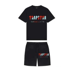 夏の新しいトラップスターロンドンシューターショートスリーフTシャツスーツチェニルデコードブラックアイスフレーバー2.0メンズラウンドネック通気性デザイン67ess