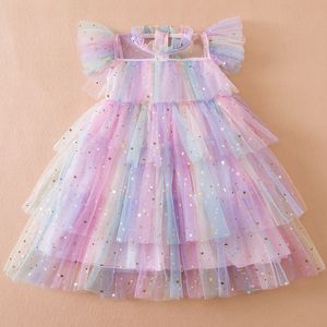 Kızlar Elbise Kız Sequin Rainbow Prenses Elbise 3 6 8 Yrs Süslü Çocuklar Unicorn Meet Party Kıyafetleri Toddler Yaz Doğum Günü Kostümü 230518