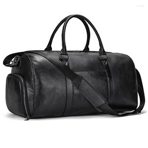 Duffel Bags Luufan Bolsa De Viagem De Couro Genuíno Com Sapatos Bolso Preto À Prova D 'Água Forro Ginásio Duffle Unissex Real Lage Ombro