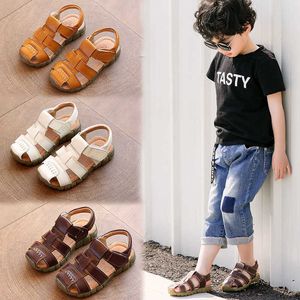 Sandals 2023 Summer Genuine Leather Sandals For Kids Boys Beach Sandal For Children Girls Anti-slip Soft Baby Shoes Footwear White Black AA230518