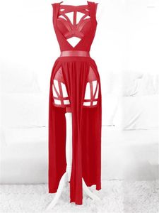 Casual Dresses 2023 3 Pieces Set Women Dress med bröstkuddar Gotiska sexiga erotiska underkläder Party Wear Red Bandage Hollow Out