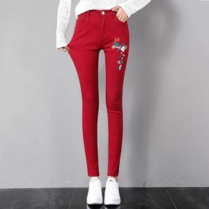 Jeans Slim Women Embroidery Pencil Jeans New Candy Colors Skinny Denim Pants Plus Size 32 Casual Pants Spring Summer Stretch Trousers