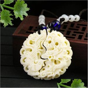 Pendant Necklaces 1Set Natural Ivory Nut Cameo Phoenix Loong Necklace Phytelephas Rocarpa Seed Tagua Couple Lover Jewelry Dr Dhote