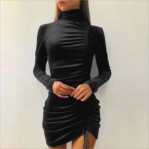 Casual Dresses Plus Size Women's Velvet Mini Dress Solid Color Long Sleeve Turtleneck Bodycon Drawstring Ladies Elegant Sheath